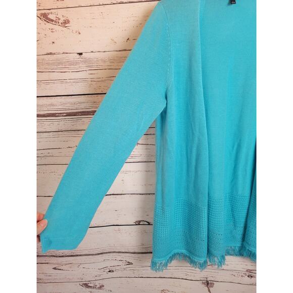 Talbots Light Blue Open Front Knit Fringe Cardigan Sweater Women's Size Large - Picture 6 of 9